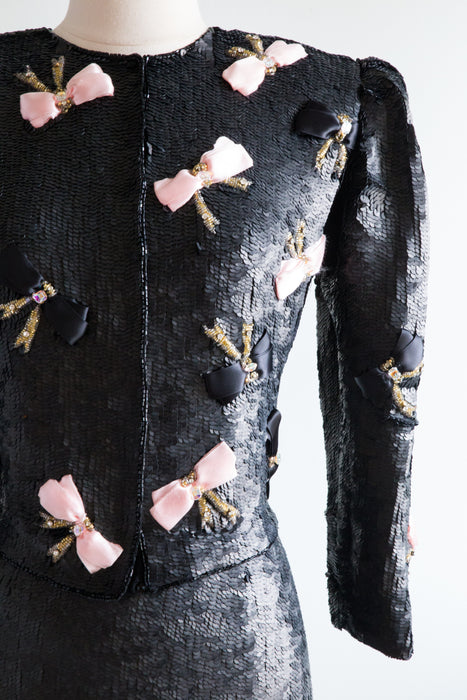 Fabulous 1980's Claire Pearone Black Sequin Suit With Bows / ML