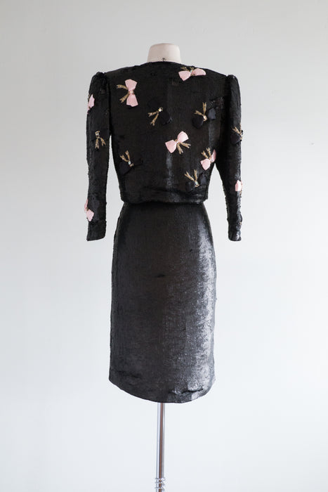 Fabulous 1980's Claire Pearone Black Sequin Suit With Bows / ML