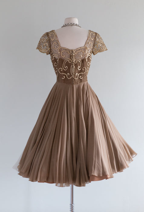 Exquisite Late 1950's Silk Chiffon Cocktail Dress By Samuel Winston / Waist 27