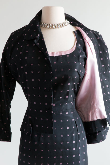 Vintage 1950's Black & Pink Taffeta Dress & Jacket Set / Waist