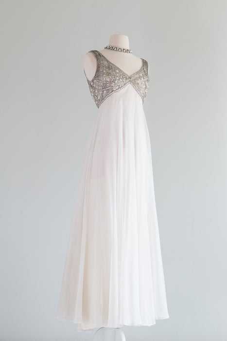 Stunning 1960's Ivory Chiffon Evening Gown With Beaded Bodice / Medium