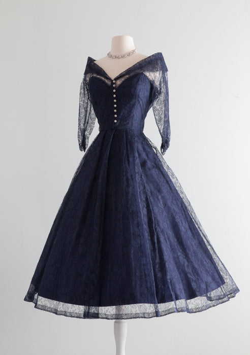 1950's Classic Midnight Blue New Look Era Lace Cocktail Dress / Waist 26