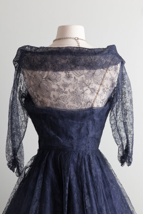 1950's Classic Midnight Blue New Look Era Lace Cocktail Dress / Waist 26