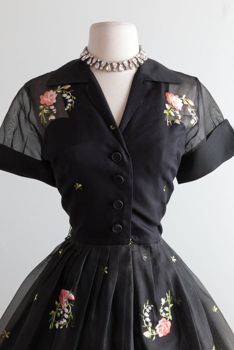 Stunning 1950's Embroidered Silk Organza Party Dress / Waist 28