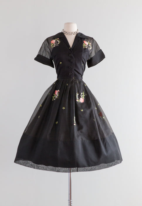 Stunning 1950's Embroidered Silk Organza Party Dress / Waist 28