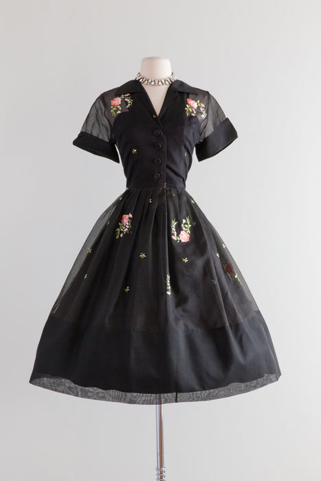 Stunning 1950's Embroidered Silk Organza Party Dress / Waist 28