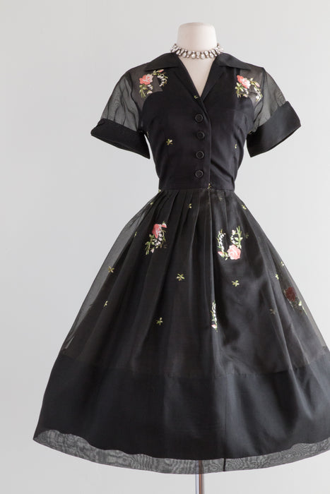 Stunning 1950's Embroidered Silk Organza Party Dress / Waist 28