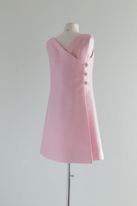 Darling 1960's Pink Silk Shift Dress With Bow and Buttons / Small