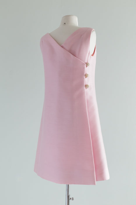 Darling 1960's Pink Silk Shift Dress With Bow and Buttons / Small