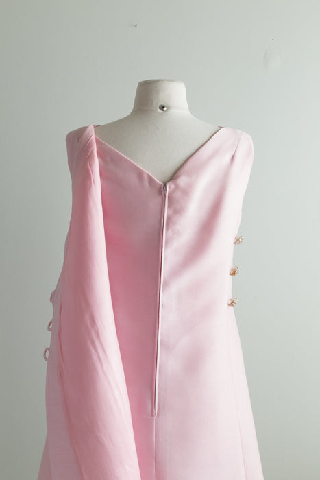 Darling 1960's Pink Silk Shift Dress With Bow and Buttons / Small