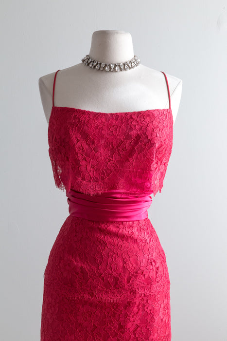 Vintage 1950's Raspberry Lace Hollywood Bombshell Dress & Shawl / Waist 28"