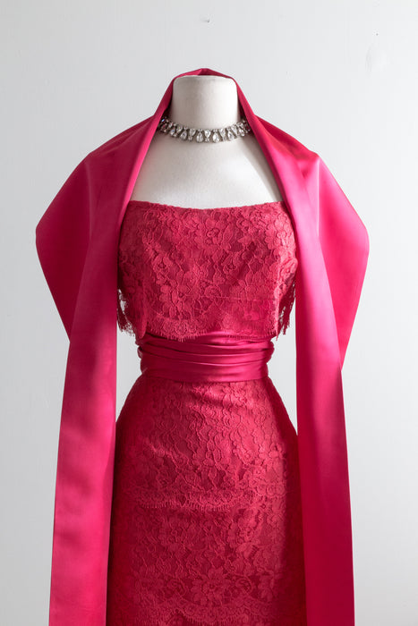 Vintage 1950's Raspberry Lace Hollywood Bombshell Dress & Shawl / Waist 28"