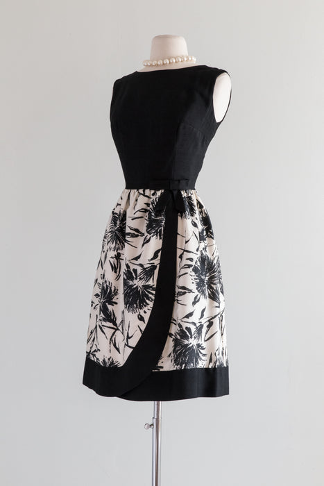 Elegant 1960's Black and White Floral Print Cocktail Dress  / Waist 26"