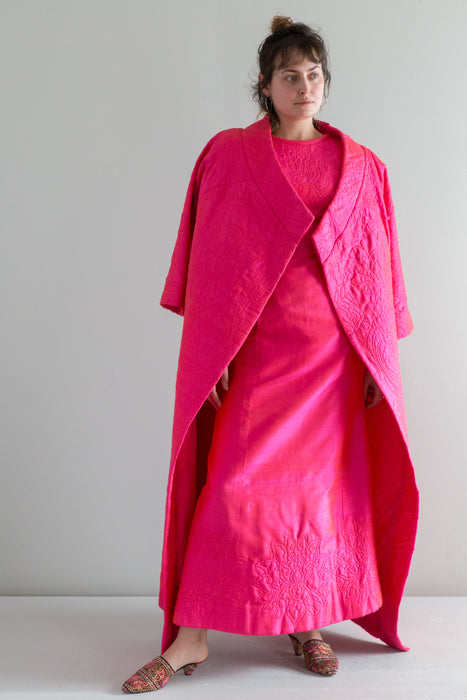 Spectacular 1960's HOT PINK Silk Maxi Coat & Hostess Gown / Medium