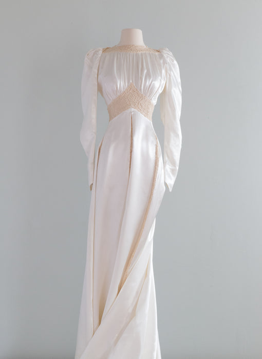 Heirloom 1930's Ivory Slipper Satin Wedding Gown With Lace Insets / Sm Xtabay Vintage Heirloom 1930's Ivory Slipper Satin Wedding Gown With Lace Insets / Sm Xtabay Vintage