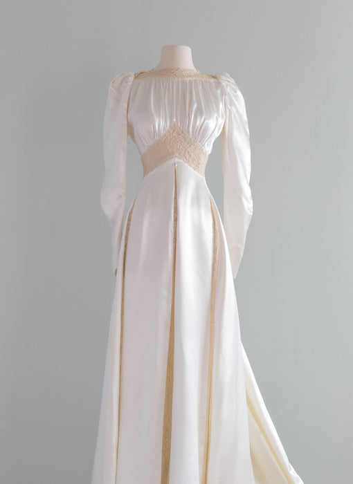 Heirloom 1930's Ivory Slipper Satin Wedding Gown With Lace Insets / Small