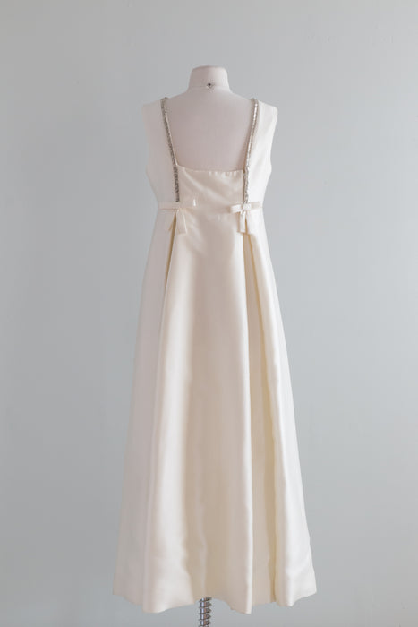 1960s Silk Wedding Gown With Beaded Trim And Bows / Medium