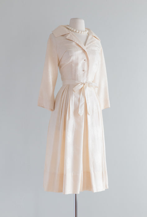 Beautiful 1950's Ivory Silk Shirtwaist Pleated Dress / ML