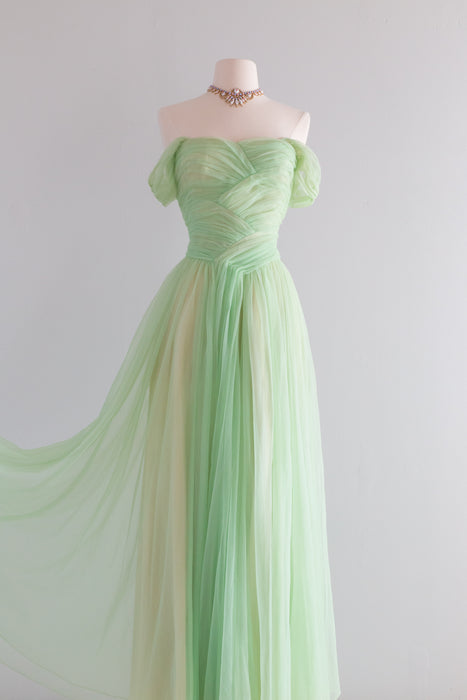 Vintage 1950's Absinthe Green Chiffon Formal Gown By Emma Domb / Small