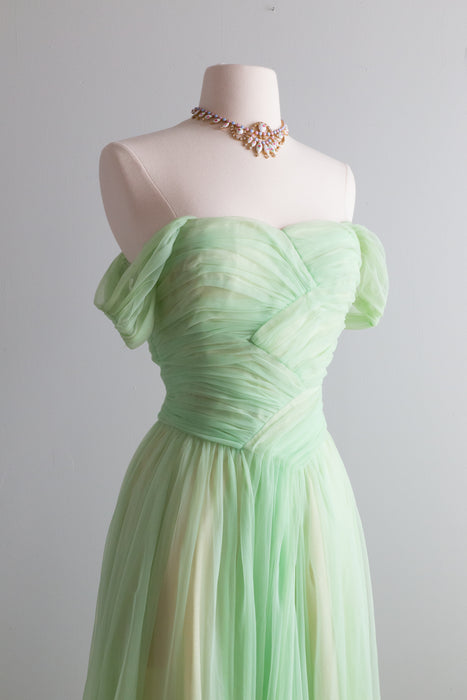 Vintage 1950's Absinthe Green Chiffon Formal Gown By Emma Domb / Small