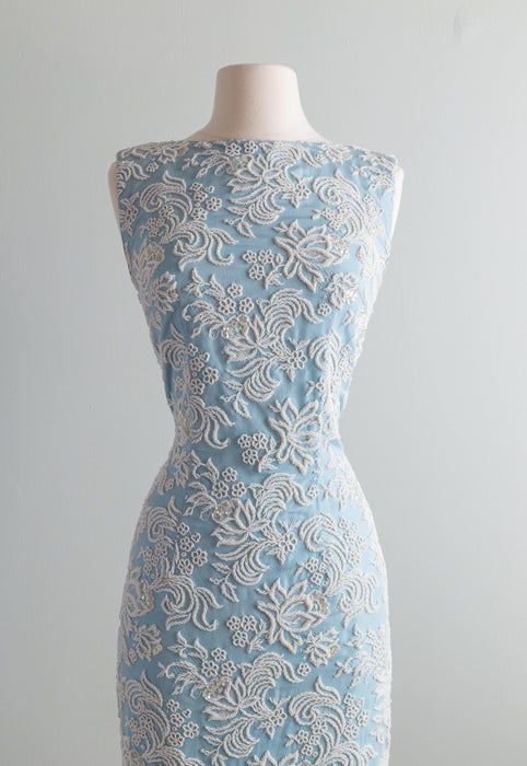 Exquisite 1960's Wedgewood Blue Beaded Silk Evening Gown / Small