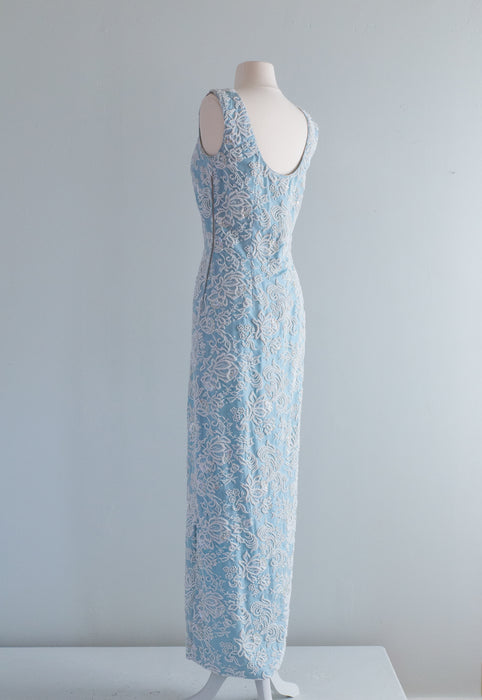 Exquisite 1960's Wedgewood Blue Beaded Silk Evening Gown / Small