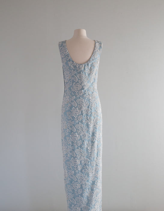 Exquisite 1960's Wedgewood Blue Beaded Silk Evening Gown / Small