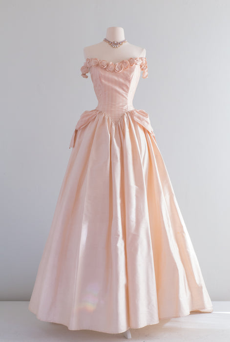 Vintage Rococo Inspired Pink Silk Wedding Gown With Rosette Bodice / Waist 26