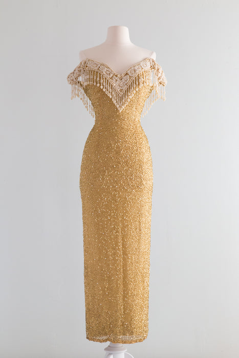Belle Epoque Inspired Golden Beaded Silk Evening Gown With Pearls / XS