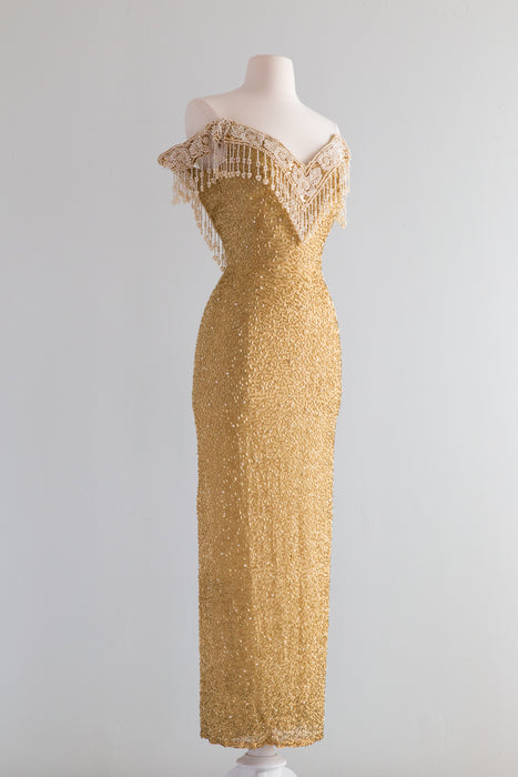 Belle Epoque Inspired Golden Beaded Silk Evening Gown With Pearls / XS Xtabay Vintage Belle Epoque Inspired Golden Beaded Silk Evening Gown With Pearls / XS Xtabay Vintage