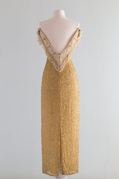 Belle Epoque Inspired Golden Beaded Silk Evening Gown With Pearls / XS Xtabay Vintage Belle Epoque Inspired Golden Beaded Silk Evening Gown With Pearls / XS Xtabay Vintage
