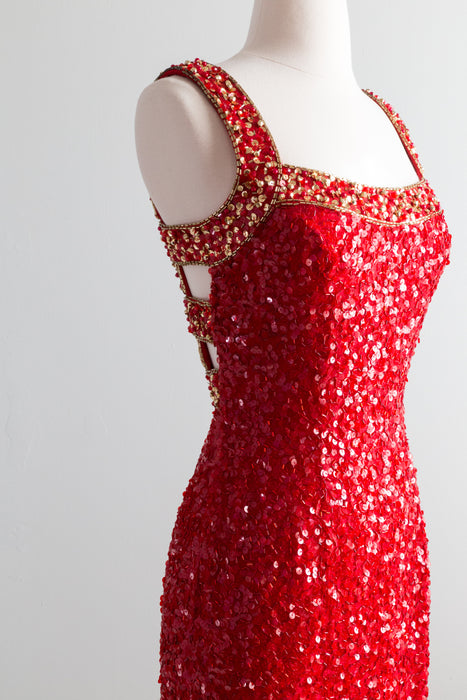 Vintage Cherry Red Beaded Evening Gown With Cage Back / Small