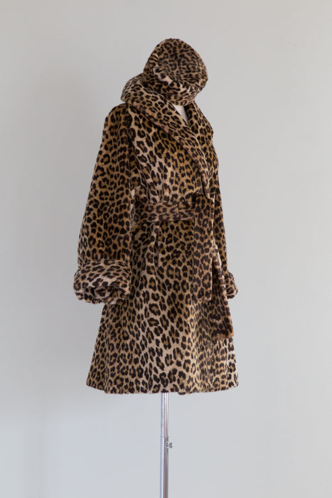 Fabulous 1960s Faux Leopard Print Coat With Matching Hat / Medium