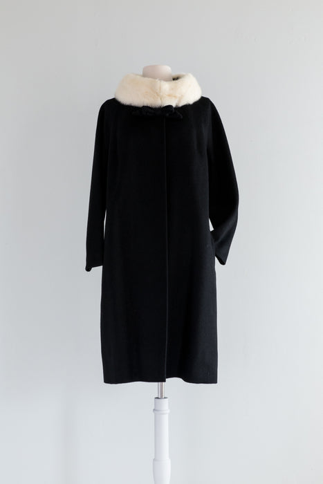 Vintage Tuxedo Cat Lilli Ann Black Wool Coat With Mink Collar and Bow / Medium