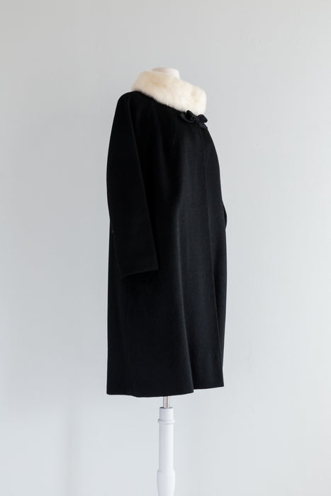 Vintage Tuxedo Cat Lilli Ann Black Wool Coat With Mink Collar and Bow / Medium