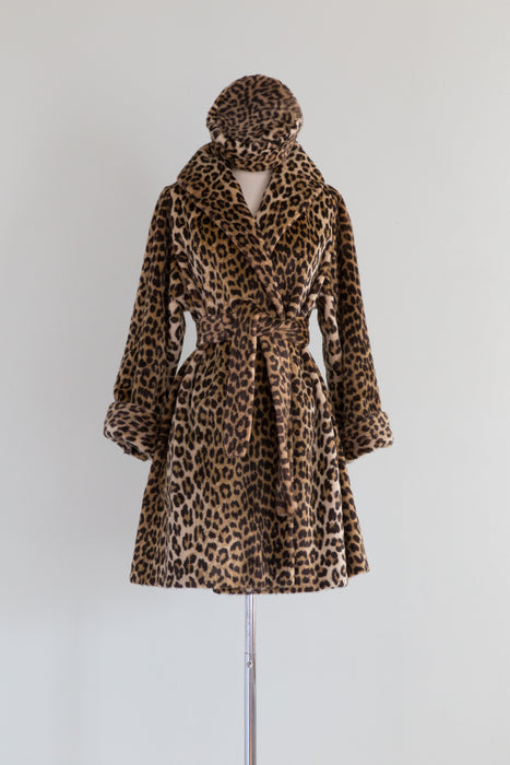 Fabulous 1960s Faux Leopard Print Coat With Matching Hat / Medium