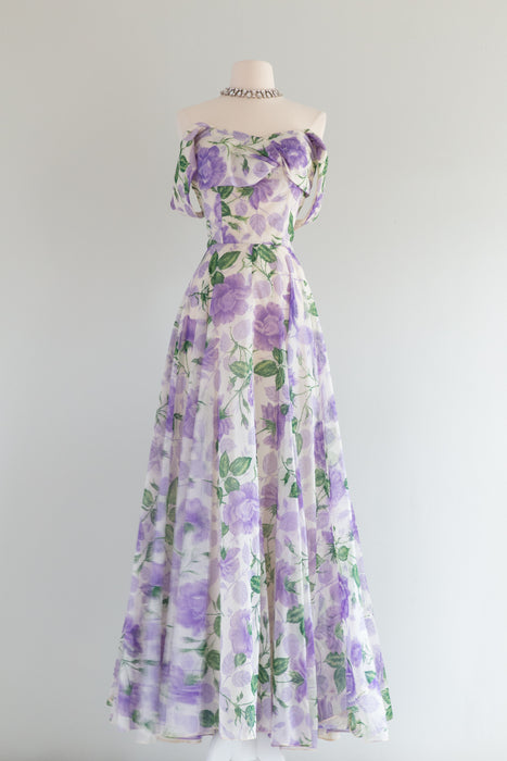 1950's Purple Rose Garden Formal Gown With Romantic Neckline / Medium