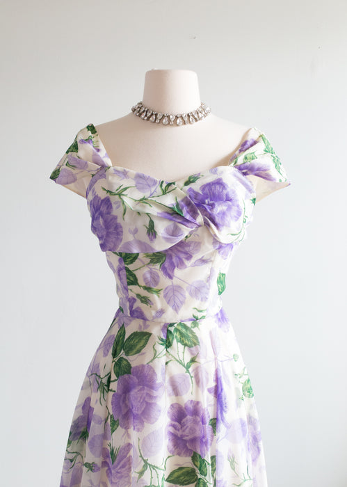 1950's Purple Rose Garden Formal Gown With Romantic Neckline / Medium