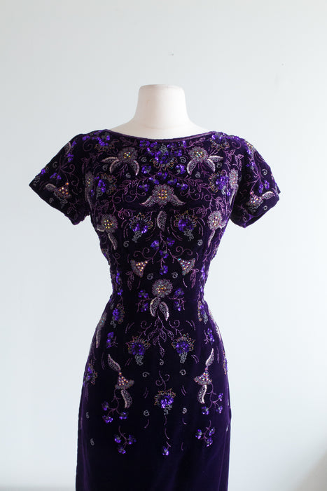 Rare 1950's Purple Velvet Beaded Cocktail Dress From Fortnum & Mason / Medium