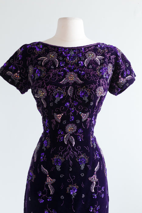 Rare 1950's Purple Velvet Beaded Cocktail Dress From Fortnum & Mason / Medium