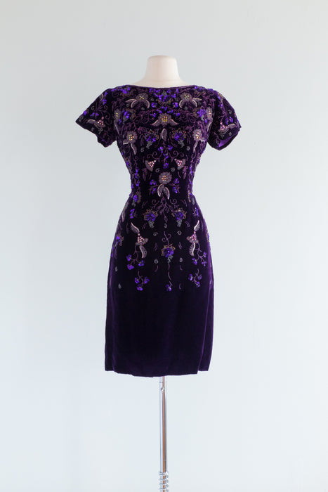 Rare 1950's Purple Velvet Beaded Cocktail Dress From Fortnum & Mason / Medium