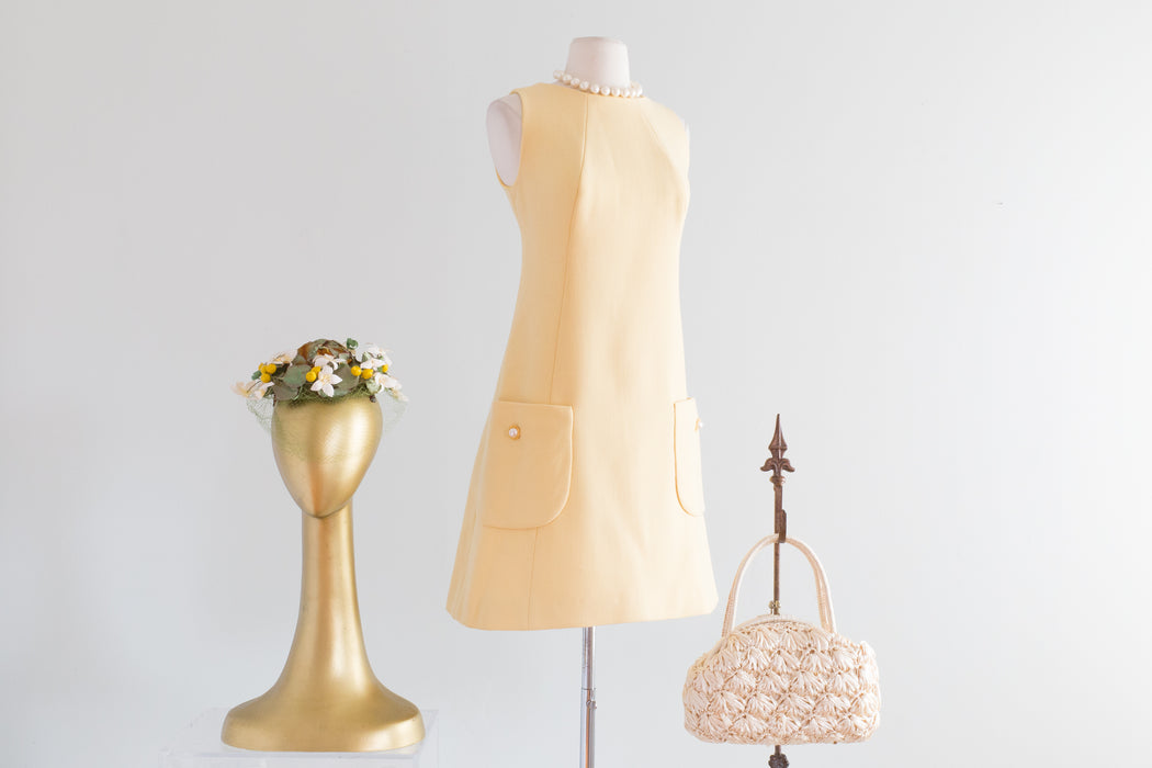 Darling 1960's Buttercup Yellow Shift Dress With Pockets and Buttons / Medium