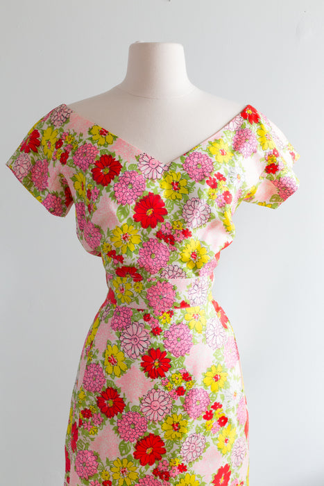 Vintage 1950's Spring Delight Silk Dress With Matching Cashmere Cardigan / Waist 27