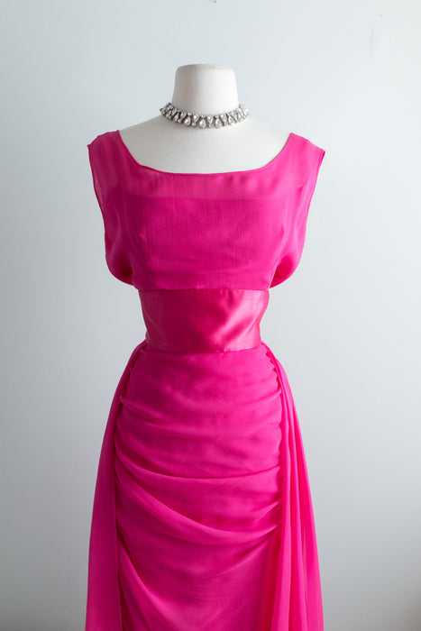 Stunning 1950's Helena Barbieri SHOCKING Pink Silk Chiffon Cocktail Dress / Waist 27