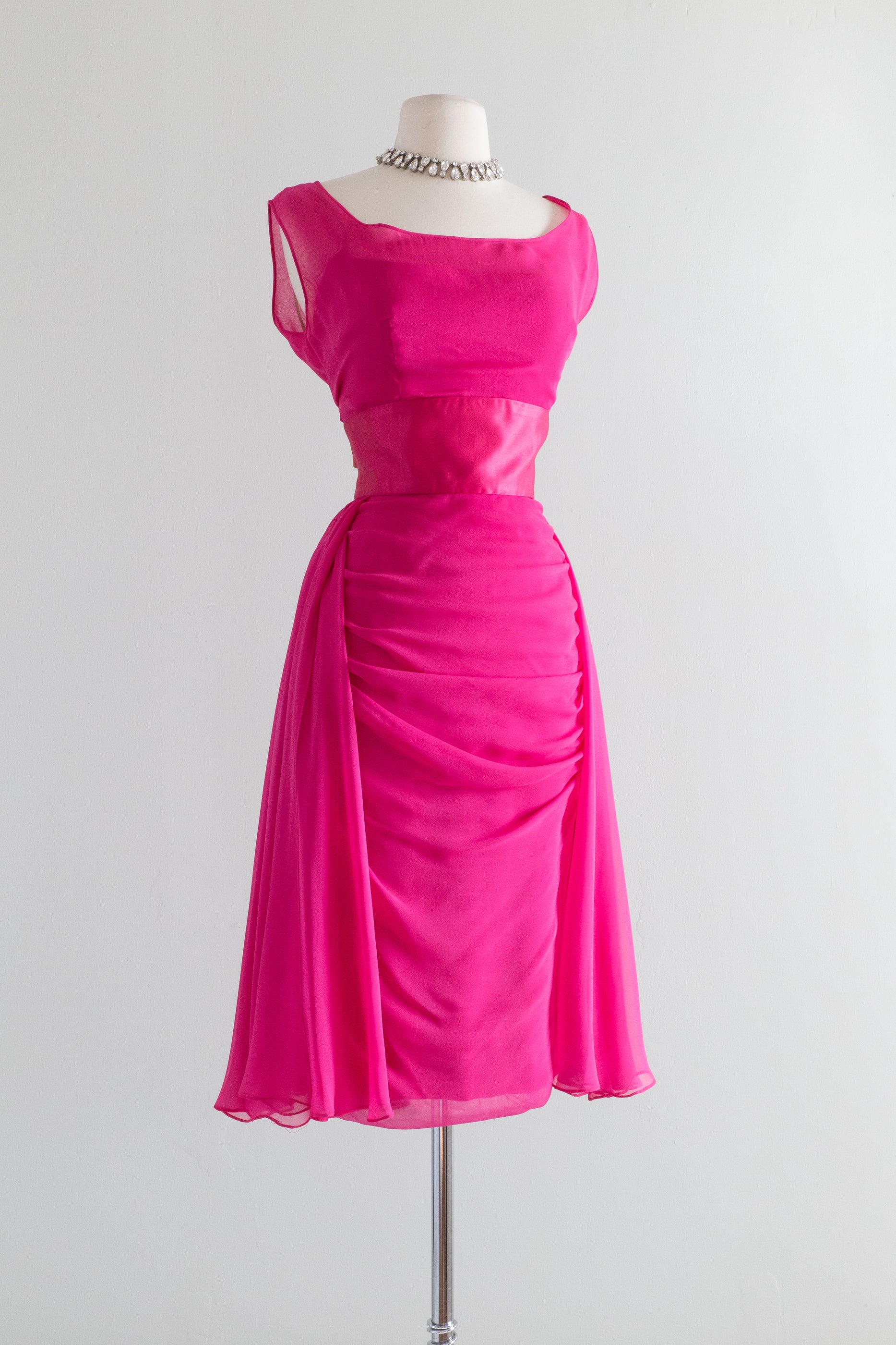 Stunning 1950s Helena Barbieri Shocking Pink Silk Chiffon Cocktail Dr Xtabay Vintage 