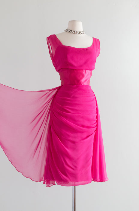 Stunning 1950s Helena Barbieri Shocking Pink Silk Chiffon Cocktail Dr Xtabay Vintage 