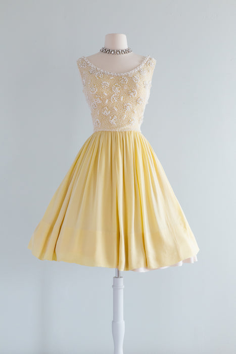 Elegant Early 1960's Lemon Silk Chiffon Dress By Harvey Berin / Small