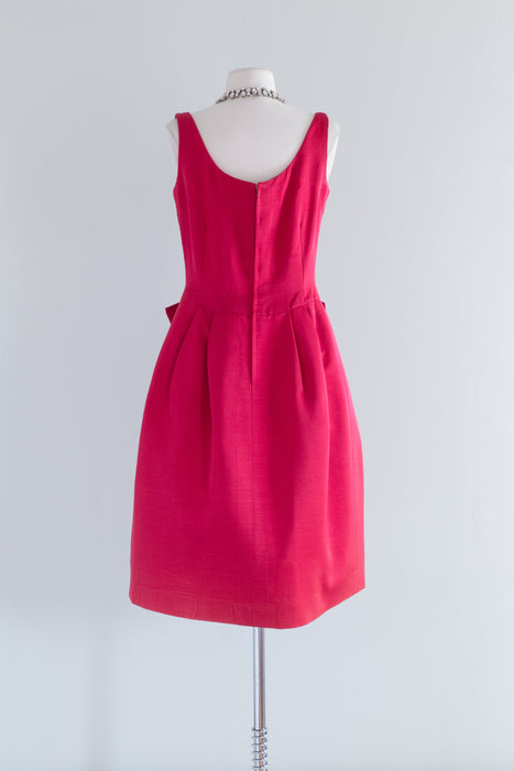 Elegant Early 1960's Cerise Silk Couture Cocktail Dress From France / Waist 27