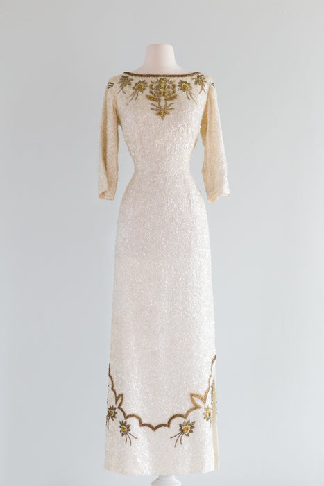 Vintage Late 1950's Beaded Ivory & Gold Evening Wedding Gown By Bruce Arnold / Medium