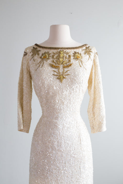 Vintage Late 1950's Beaded Ivory & Gold Evening Wedding Gown By Bruce Arnold / Medium